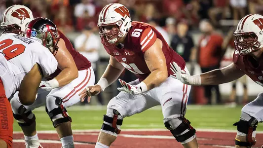 Wisconsin Badgers offensive lineman Tyler Biadasz (61) during an NCAA college football game against the Western Kentucky Hilltoppers Friday, August 31, 2018, in Madison, Wisconsin. The Badgers won 34-3. (Photo by David Stluka)