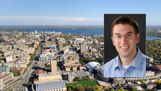 Adam Barnes headshot with aerial photo of city of Madison and Camp Randall Stadium in background