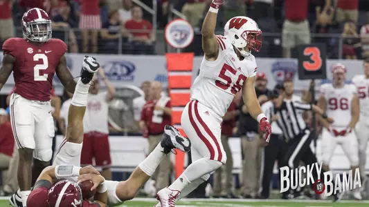 Wisconsin Badgers linebacker Joe Schobert (58) celebrates a quarterback sack during the Advocare Classic NCAA college football game against the Alabama Crimson Tide Saturday, September 5, 2015, in Arlington, Texas. The Crimson Tide beat the Badgers 35-17. (Photo by David Stluka)