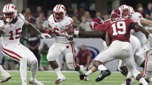 Wisconsin Badgers running back Corey Clement (6) carries the ball during the Advocare Classic NCAA college football game against the Alabama Crimson Tide Saturday, September 5, 2015, in Arlington, Texas. The Crimson Tide beat the Badgers 35-17. (Photo by David Stluka)