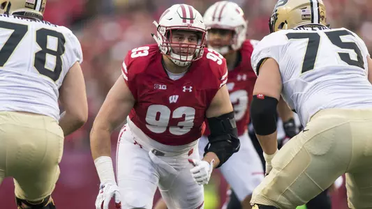 Wisconsin Badgers defensive lineman Garrett Rand (93) during an NCAA College Big Ten Conference football game against the Purdue Boilermakers Saturday, October 14, 2017, in Madison, Wis. The Badgers won 17-9. (Photo by David Stluka)