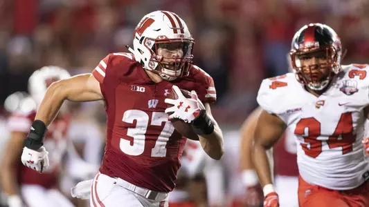 Wisconsin Badgers running back Garrett Groshek (37) scores on a reception during an NCAA college football game against the Western Kentucky Hilltoppers Friday, August 31, 2018, in Madison, Wisconsin. The Badgers won 34-3. (Photo by David Stluka)