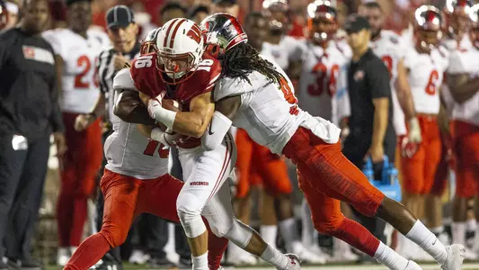 Wisconsin's Jack Dunn (16) with a catch and run against W. Kentucky.Wisconsin-Madison football team faces Western Kentucky at Camp Randall Field, August 31, 2018 in Madison Wisconsin.Photo by Tom Lynn/Wisconsin Athletic Communications