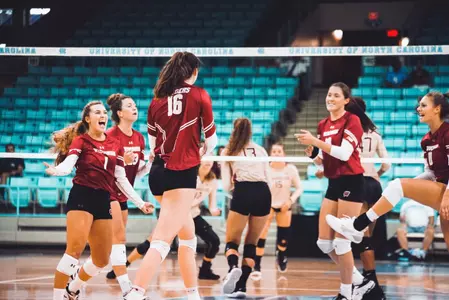 The Badgers celebrate a point at the ACC/Big Ten Challenge.