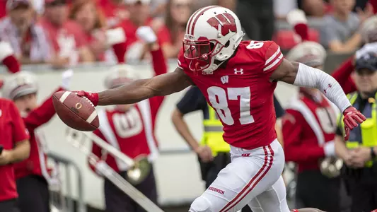 Wisconsin Badgers wide receiver Quintez Cephus (87) scores a touchdown during an NCAA college football game against Central Michigan Chippewas Saturday, Aug. 7, 2019, in Madison, Wis. The Badgers won 61-0. (Photo by David Stluka/Wisconsin Athletic Communications)