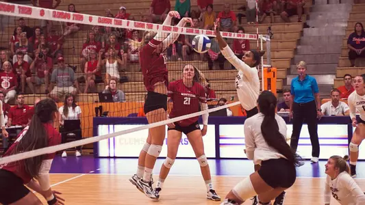 Nicole Shanahan swipes down a kill against South Carolina