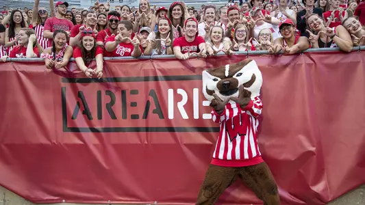 Wisconsin Badgers mascot Bucky Badger with fans during an NCAA college football game against Central Michigan Chippewas Saturday, Aug. 7, 2019, in Madison, Wis. The Badgers won 61-0. (Photo by David Stluka/Wisconsin Athletic Communications)