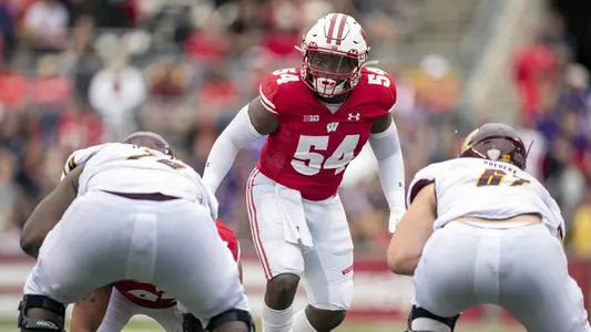 Wisconsin Badgers linebacker Chris Orr (54) during an NCAA college football game against Central Michigan Chippewas Saturday, Aug. 7, 2019, in Madison, Wis. The Badgers won 61-0. (Photo by David Stluka/Wisconsin Athletic Communications)