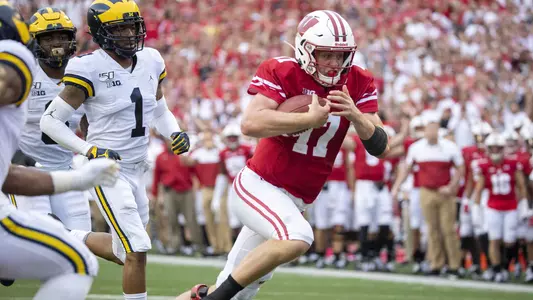 Wisconsin Badgers Jack Coan during an NCAA Big Ten Conference college football game against the Michigan Wolverines Saturday, Aug. 21, 2019, in Madison, Wis. The Badgers won 35-14. (Photo by David Stluka/Wisconsin Athletic Communications)