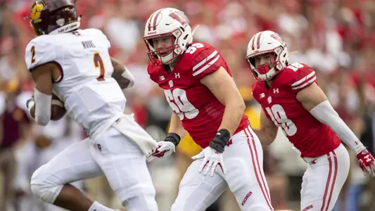 Wisconsin Badgers linebacker Tyler Johnson (59) and Collin Wilder (18) during an NCAA college football game against Central Michigan Chippewas Saturday, Aug. 7, 2019, in Madison, Wis. The Badgers won 61-0. (Photo by David Stluka/Wisconsin Athletic Communications)