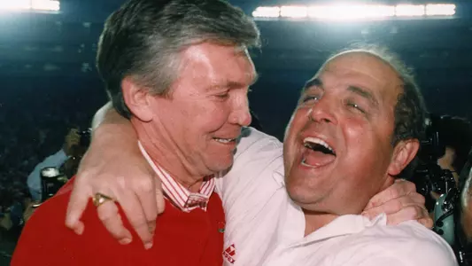 Pat Richter, UW Athletic Director (left), and Head Football Coach Barry Alvarez celebrate Wisconsin's 21-16 win over UCLA in the 1994 Rose Bowl on Jan. 1, 1994.Used with permission by: UW-Madison University Communications 608/262-0067Photo by: Del Brown, courtesy UW Sports InformationDate: 01/94 File#: photo provided