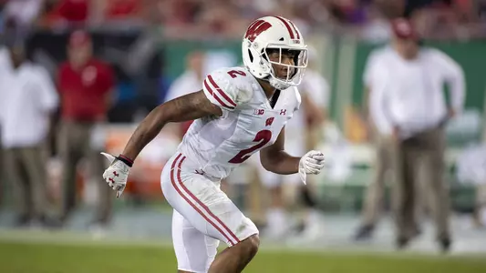 Wisconsin Badgers defensive back Reggie Pearson (2) defends during an NCAA college football game against the USF Bulls Saturday, Sept. 30, 2019, in Tampa Bay, Florida. The Badgers won 49-0. (Photo by David Stluka/Wisconsin Athletic Communications)