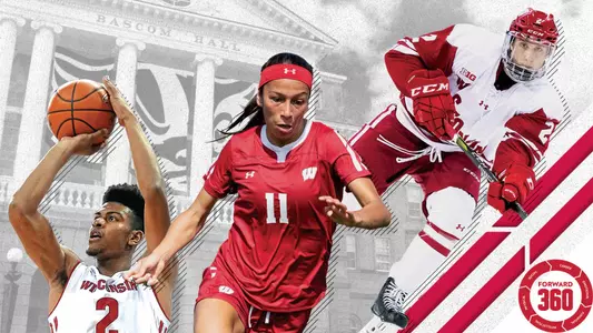 Forward360 logo action photos of three Wisconsin student-athletes men's basketball, women's soccer and men's hockey