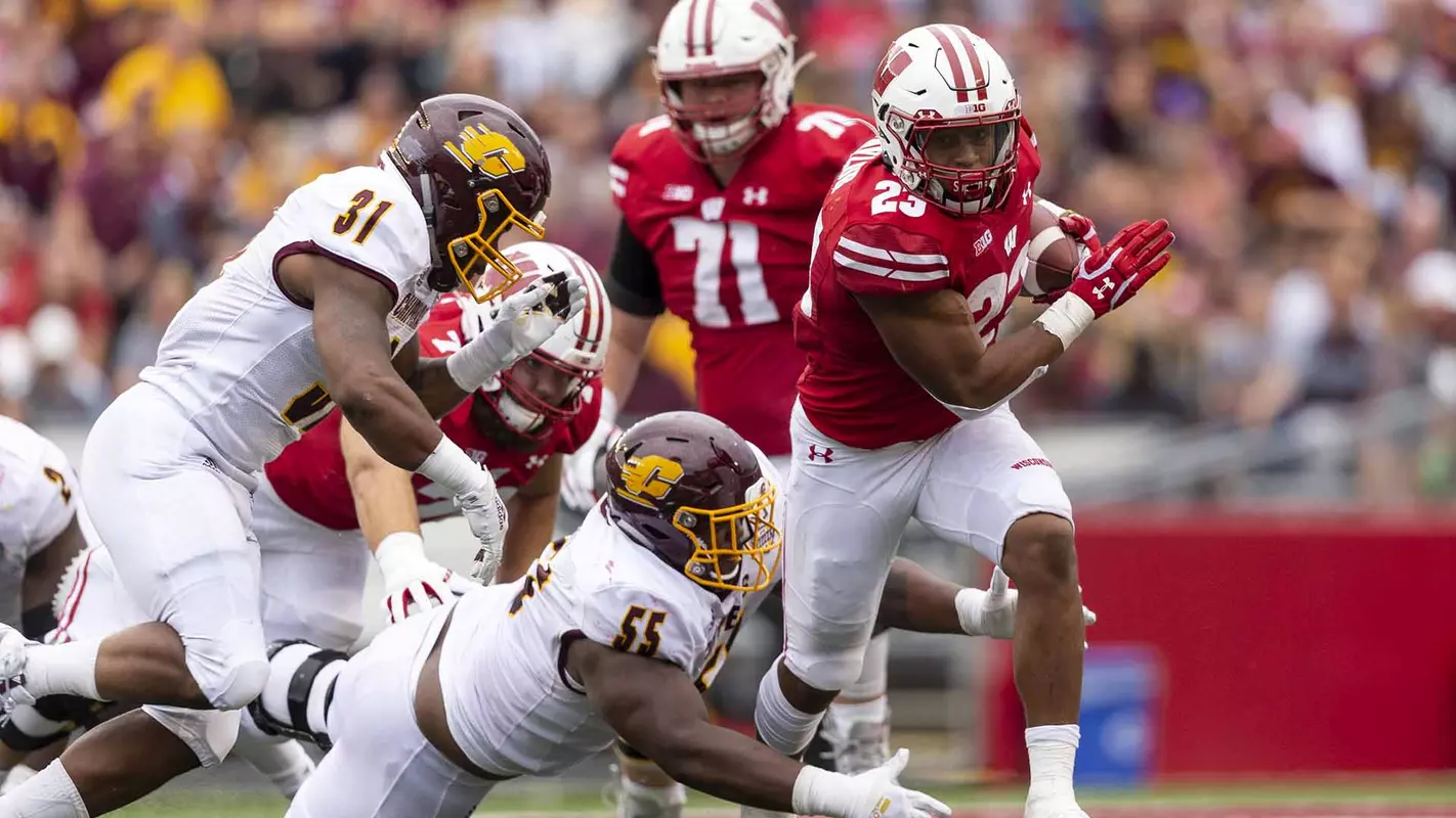 Wisconsin Badgers running back Jonathan Taylor (23) runs the ball during an NCAA college football game against the Central Michigan Chippewas on Saturday, September 7, 2019 in Madison, Wisconsin.Photo by Tom Lynn/Wisconsin Athletic Communications
