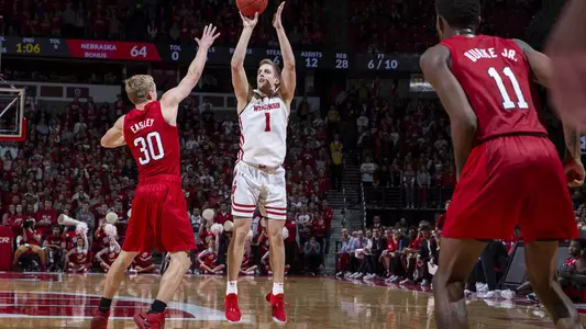 Wisconsin Badgers' guard Brevin Pritzl (1) shoots a record breaking three pointer during an NCAA menÕs basketball game against Nebraska on Tuesday January 21, 2020 in Madison, Wisconsin.Photo by Tom Lynn/Wisconsin Athletic Communications