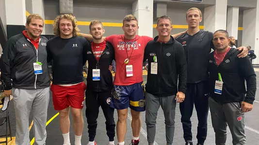 Wisconsin wrestlers and coaches at 2020 USA Wrestling Senior Nationals - Evan Wick, Trent Hillger, Braxton Amos, Chris Bono, Jon Reader, Seth Gross