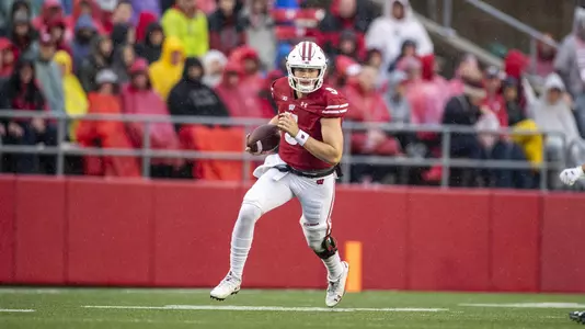 Wisconsin Badgers quarterback Graham Mertz (5) scrambles for yardage during an NCAA college football game against the Kent State Golden Flashes Saturday, Oct. 5, 2019, in Madison, Wis. The Badgers won 48-0. (Photo by David Stluka/Wisconsin Athletic Communications)