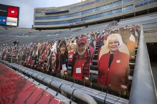 Wisconsin Badgers cutout fans during an NCAA college football game against the Illinois Fighting Illini Friday, Oct. 23, 2020, in Madison, Wis. (Photo by David Stluka/Wisconsin Athletic Communications)
