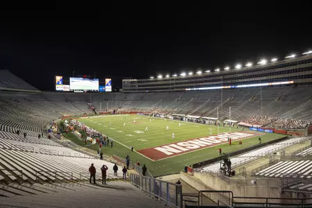 A general view of Camp Randall Stadium during the opening kickoff of an NCAA college football game against the Illinois Fighting Illini Friday, Oct. 23, 2020, in Madison, Wis. (Photo by David Stluka/Wisconsin Athletic Communications)