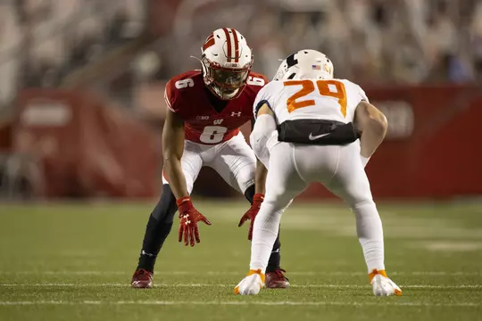 Wisconsin Badgers defensive back Dean Engram (6) defends during an NCAA college football game against the Illinois Fighting Illini Friday, Oct. 23, 2020, in Madison, Wis. The Badgers won 45-7. (Photo by David Stluka/Wisconsin Athletic Communications)