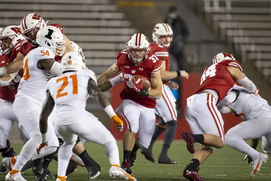 Wisconsin Badgers running back Garrett Groshek (37) carries the ball during an NCAA college football game against the Illinois Fighting Illini Friday, Oct. 23, 2020, in Madison, Wis. The Badgers won 45-7. (Photo by David Stluka/Wisconsin Athletic Communications)