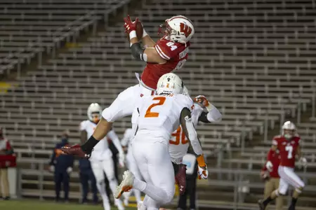 Wisconsin Badgers tight end Jake Ferguson (84) catches a touchdown pass during an NCAA college football game against the Illinois Fighting Illini Friday, Oct. 23, 2020, in Madison, Wis. The Badgers won 45-7. (Photo by David Stluka/Wisconsin Athletic Communications)
