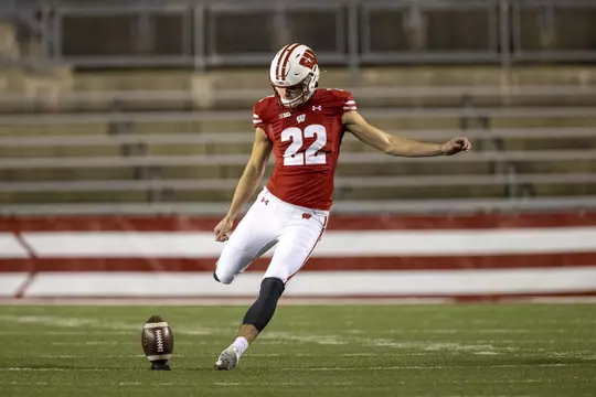 Wisconsin Badgers kicker during an NCAA college football game against the Illinois Fighting Illini Friday, Oct. 23, 2020, in Madison, Wis. The Badgers won 45-7. (Photo by David Stluka/Wisconsin Athletic Communications)