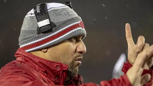 Wisconsin Badgers assistant coach Inoke Breckterfield looks on during an NCAA Big Ten Conference college football game against the Minnesota Golden Gophers Saturday, Nov. 30, 2019, in Minneapolis. The Badgers won 38-17. (Photo by David Stluka/Wisconsin Athletic Communications)