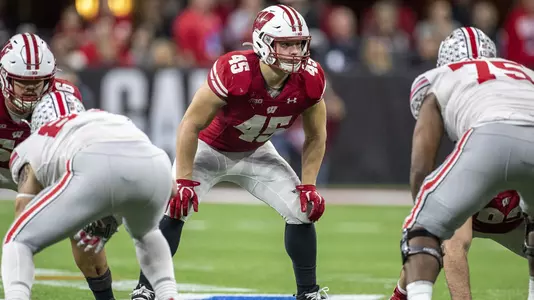 Wisconsin Badgers linebacker Leo Chenal (45) during an NCAA Big Ten Championship college football game against the Ohio State Buckeyes Saturday, Dec. 7, 2019, in Indianapolis. The Buckeyes won 34-21. (Photo by David Stluka/Wisconsin Athletic Communications)