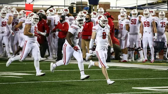Scott Nelson (9) celebrates during football game vs. Michigan at Ann Arbor, Mich. on Saturday, Nov. 14, 2020