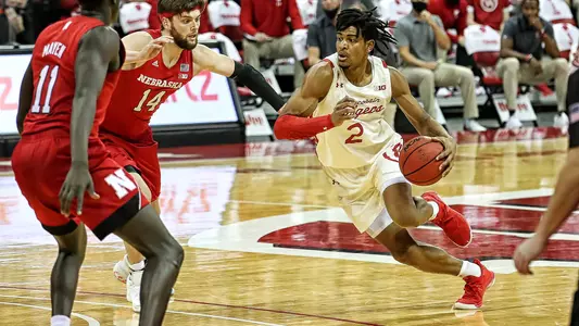 Aleem Ford men's basketball driving to the basket vs. Nebraska at the Kohl Center, Madison, Wis., on Tuesday, Dec. 22, 2020