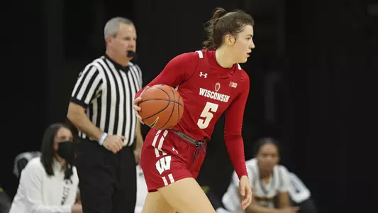 Wisconsin Badgers guard Julie Pospisilova (5) moves with the ball during the second quarter of their game at Carver-Hawkeye Arena in Iowa City, Iowa on Saturday, December 5, 2020. (Stephen Mally/hawkeyesports.com)