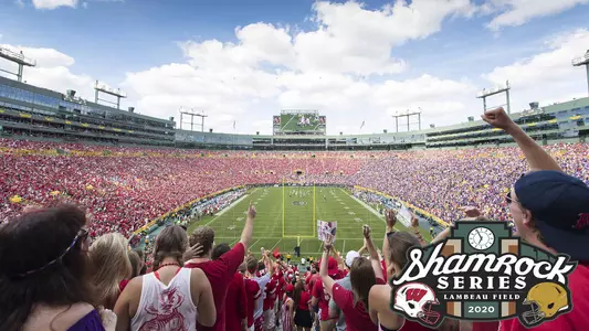 Photo of Lambeau Field in Green Bay, Wis. during the Wisconsin Badgers NCAA college football game against the LSU Tigers Saturday, September 3, 2016, in Green Bay, Wis. The logo for the 2020 game between Wisconsin and Notre Dame is in the lower right corner.