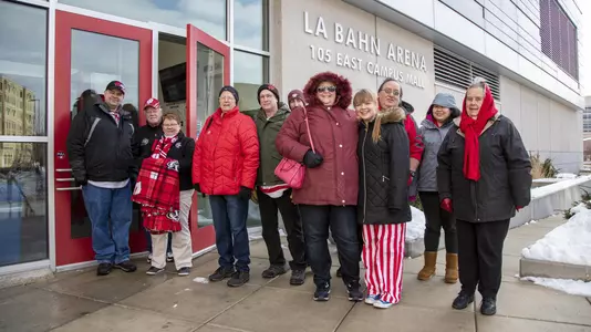 Fans waiting in line early to enter LaBahn Arena for a women's hockey game against Ohio State on Saturday, Feb. 15, 2020