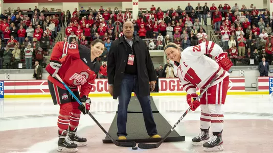 Big Ten Commissioner Kevin Warren drops the puck to start the Wisconsin women's hockey game against Ohio State on Saturday, Feb. 15 at LaBahn Arena.