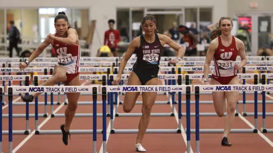 Destiny Huven competes in the 60-meter hurdles.