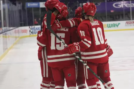 Badgers celebrate a goal in 5-1 win over Minnesota State