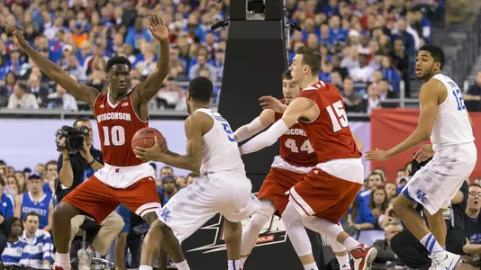 Nigel Hayes, Frank Kaminsky and Sam Dekker play defense against Kentucky during the 2015 NCAA Final Four