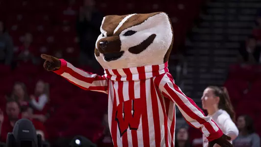 Wisconsin Badgers Bucky Badger during an NCAA women's basketball game against Northwestern on Saturday February 22, 2020 in Madison, Wisconsin.Photo by Tom Lynn/Wisconsin Athletic Communications
