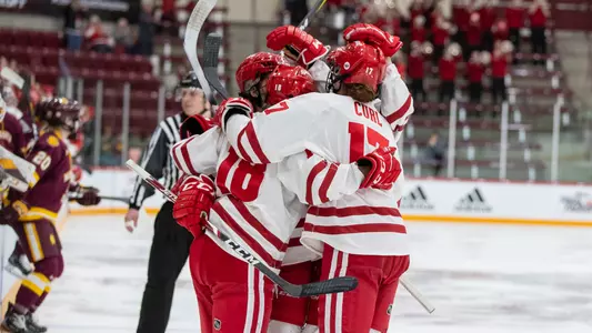 Badgers celebrate a goal against UMD