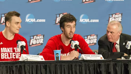 Sam Dekker, Frank Kaminsky and Bo Ryan at press conference at 2015 NCAA Final Four