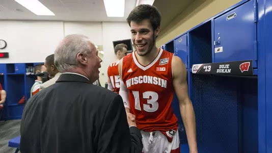 Bo Ryan and Duje Dukan after Wisconsin men's basketball beat Kentucky in 2015 NCAA Final Four