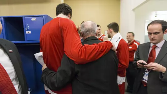 Frank Kaminsky and Bo Ryan after Wisconsin men's basketball beat Kentucky at 2015 NCAA Final Four