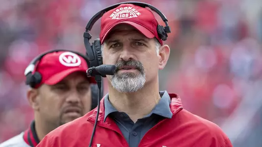 Wisconsin Badgers offensive coordinator Joe Rudolph looks on during an NCAA Big Ten Conference college football game against the Northwestern Wildcats Saturday, Sept. 28, 2019, in Madison, Wis. The Badgers won 24-15. (Photo by David Stluka/Wisconsin Athletic Communications)