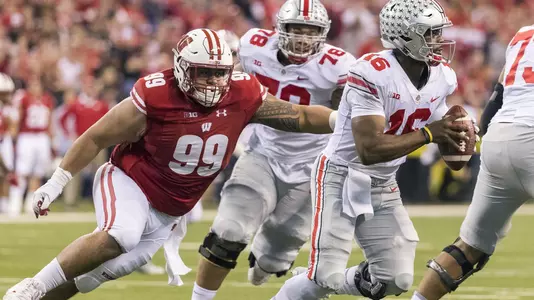 Wisconsin Badgers Olive Sagapolu during the Big Ten Conference Championship college football Game against the Ohio State Buckeyes December 2, 2017, in Indianapolis, Indiana. The Buckeyes won 27-21. (Photo by David Stluka)