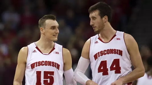 February 3, 2015: Wisconsin Badgers forward Sam Dekker #15 and Wisconsin Badgers forward Frank Kaminsky #44 are all smiles during the NCAA Basketball game between the Wisconsin Badgers and Indiana Hoosiers at the Kohl Center in Madison, WI. Wisconsin defeated Indiana 92-78. John Fisher/CSM(Credit Image: