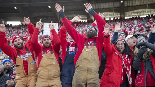 Wisconsin Badgers fans dance during an NCAA Big Ten Conference college football game against the Michigan State Spartans Saturday, Oct. 12, 2019, in Madison, Wis. The Badgers won 38-0. (Photo by David Stluka/Wisconsin Athletic Communications)