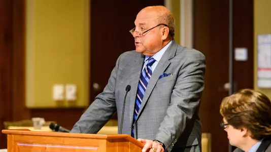 Barry Alvarez, athletic director at the University of Wisconsin Madison, speaks during the UW System Board of Regents meeting hosted at Union South at the University of Wisconsin-Madison on Feb. 8, 2019. (Photo by Bryce Richter /UW-Madison)
