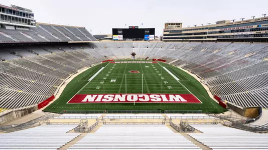 An empty Camp Randall Stadium (CRS) is pictured on May 5, 2020 as part of the ongoing closure of the University of Wisconsin-Madison campus due to the global coronavirus (COVID-19) pandemic. The still visible football field should be covered at this point in the semester as the stadium to host UW-Madison annual spring commencement ceremony, an in-person event which is now been canceled. (Photo by Jeff Miller / UW-Madison)