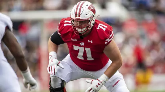 Wisconsin Badgers offensive lineman Cole Van Lanen (71) during an NCAA college football game against Central Michigan Chippewas Saturday, Aug. 7, 2019, in Madison, Wis. The Badgers won 61-0. (Photo by David Stluka/Wisconsin Athletic Communications)